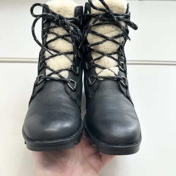 Sorel Winter Boots Womens 10 Phoenix Black Leather Faux Fur Lace Up NL3415-010 - Picture 4 of 9